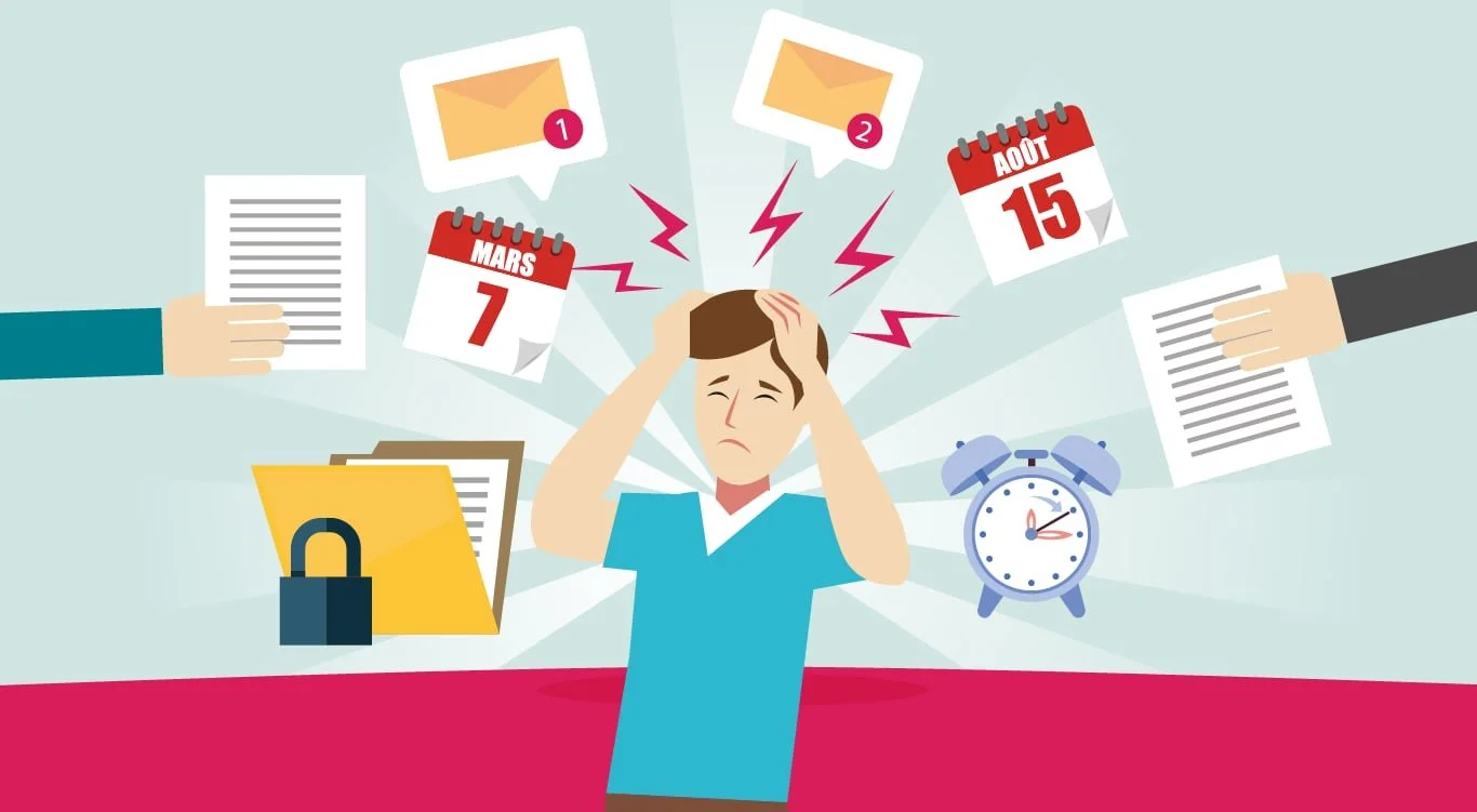 Homme débordé illustrant la surcharge de tâches administratives pouvant être confiées à une adjointe virtuelle Bettsie