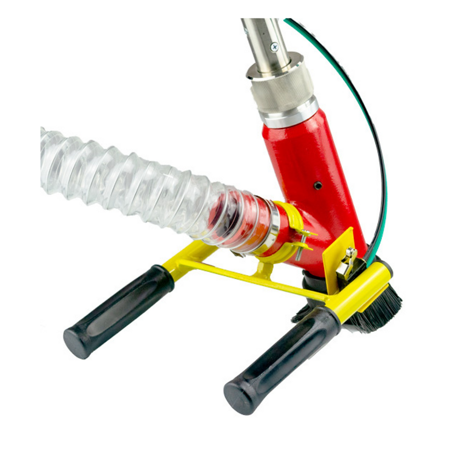 A portable industrial vacuum system with a flexible hose, red main body, yellow supporting frame, and black rubber feet designed for pick-up tasks.