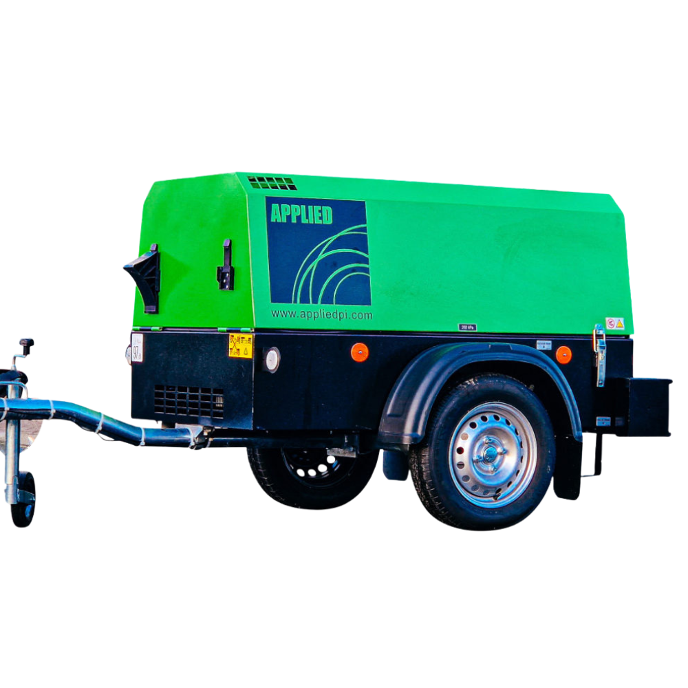 Green and black industrial portable air compressor with a website URL applieddpi.com visible on the side.