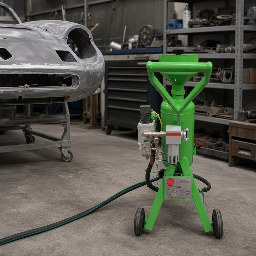 A green sandblaster in a workshop next to a vintage car body part on a wheeled cart and industrial shelving filled with various tools and parts.