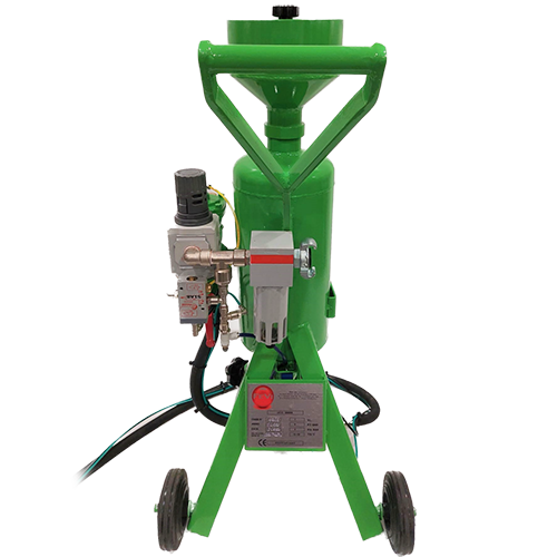 Green industrial pelletizer machine with wheels and attached control panel.