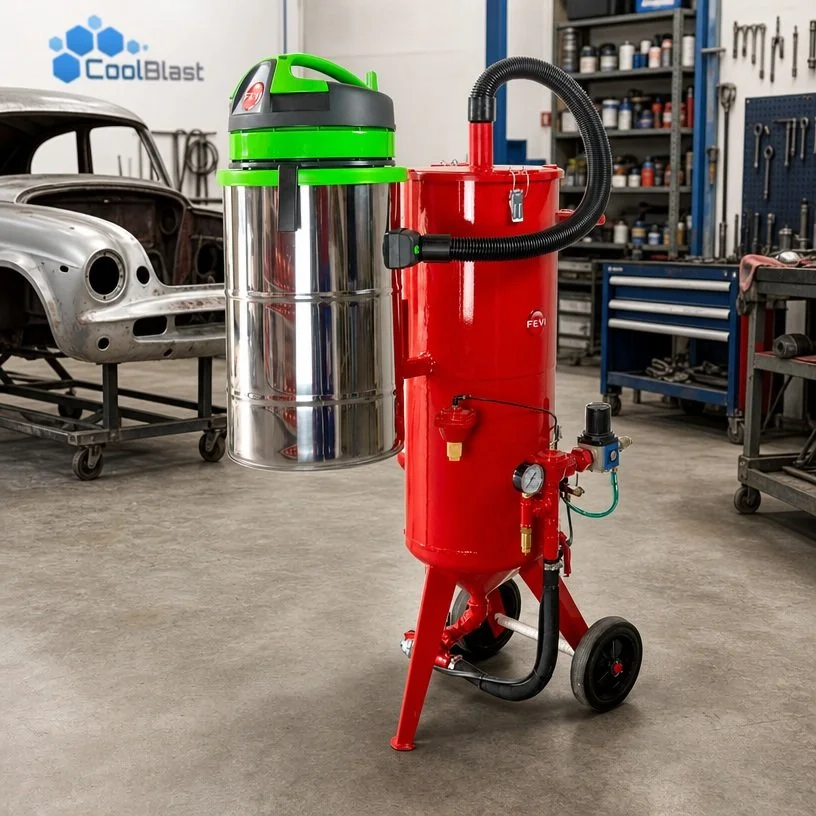 A red industrial vacuum cleaner with a green top handle, positioned in an auto workshop, with a vintage car body and tool shelves in the background.