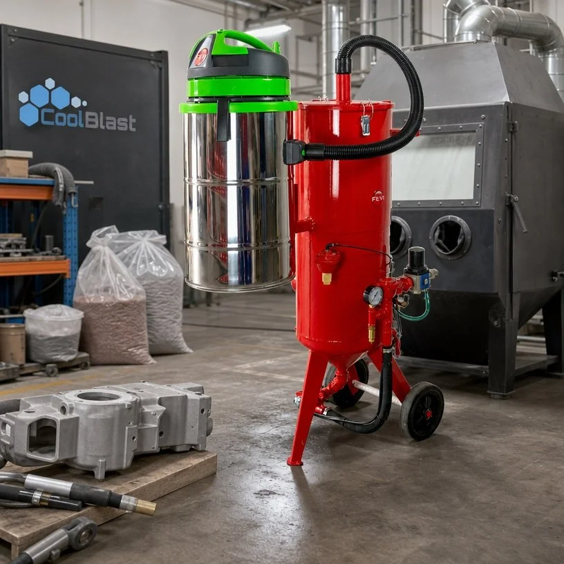 A red drum vacuum system in an industrial workshop, with a green and silver vacuum head attached, and tools and parts nearby.