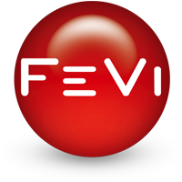 FEVI logo with white text on a red circular background.