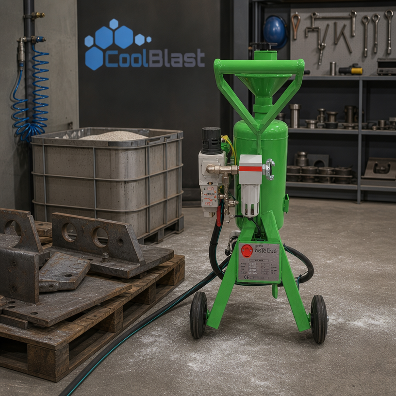 A green industrial sandblasting machine in a workshop, with a container of abrasive material nearby and a wall of tools in the background.