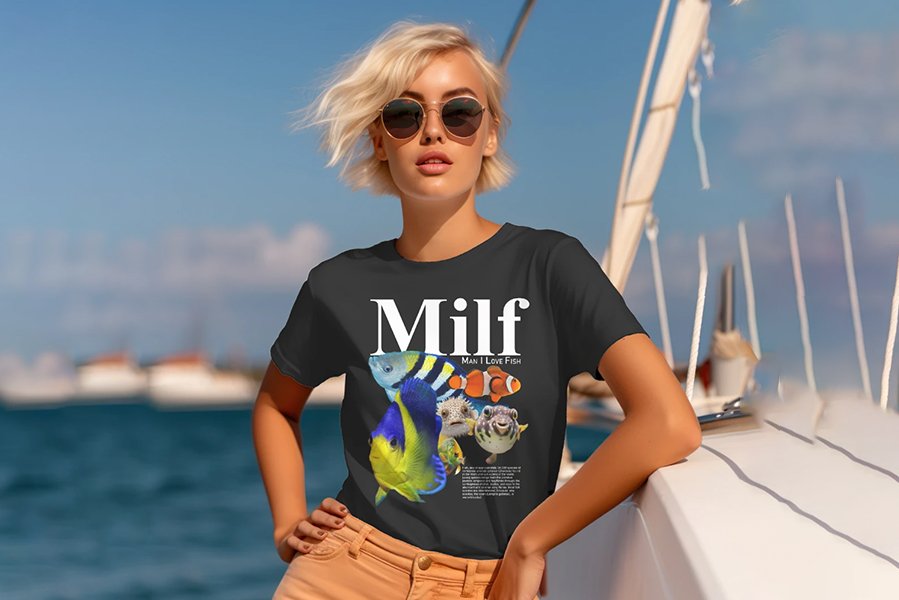 M.I.L.F Man I Love Fish Print T-Shirt featuring a playful graphic with the slogan."