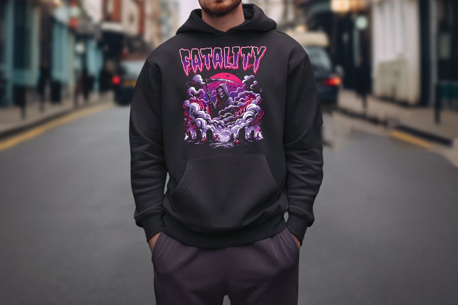 Fatality Grim Reaper Horror Printed Hoodie featuring a chilling graphic of the Grim Reaper, displayed in a dark, atmospheric setting.