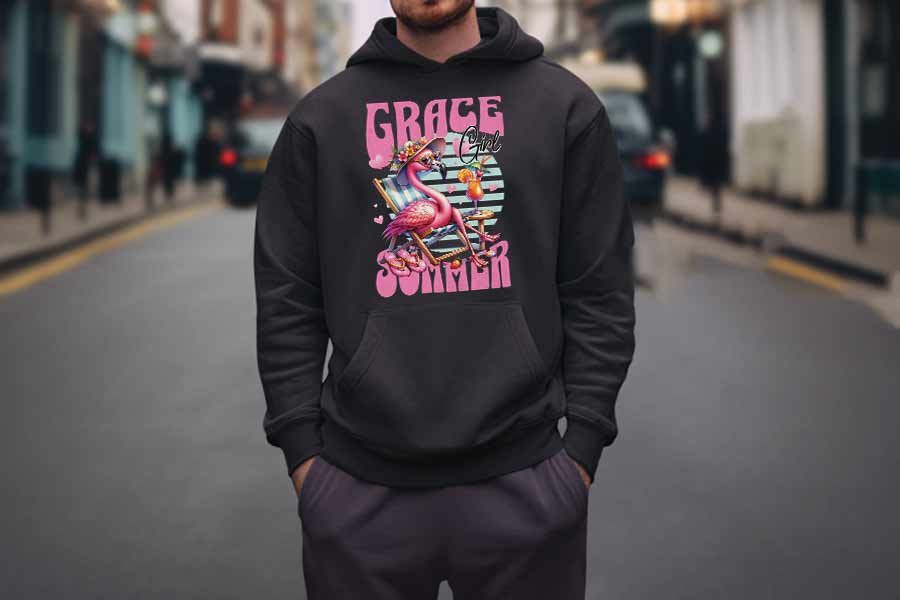 Personalised "Summer" Flamingo Hoodie with customisable name and vibrant flamingo design.