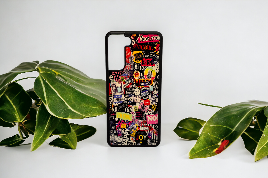 Vintage-Looking Stickers and Retro Band Stickers Pattern Printed Phone Case featuring a colourful and nostalgic design for music lovers.