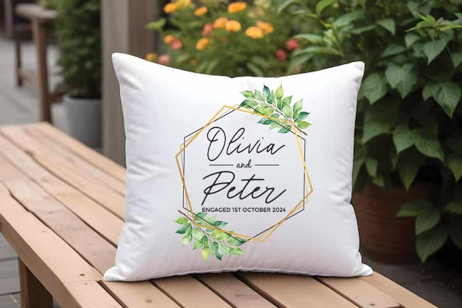 Personalised Engagement Cushion featuring custom names and engagement date, perfect for a unique gift for newly engaged couples.