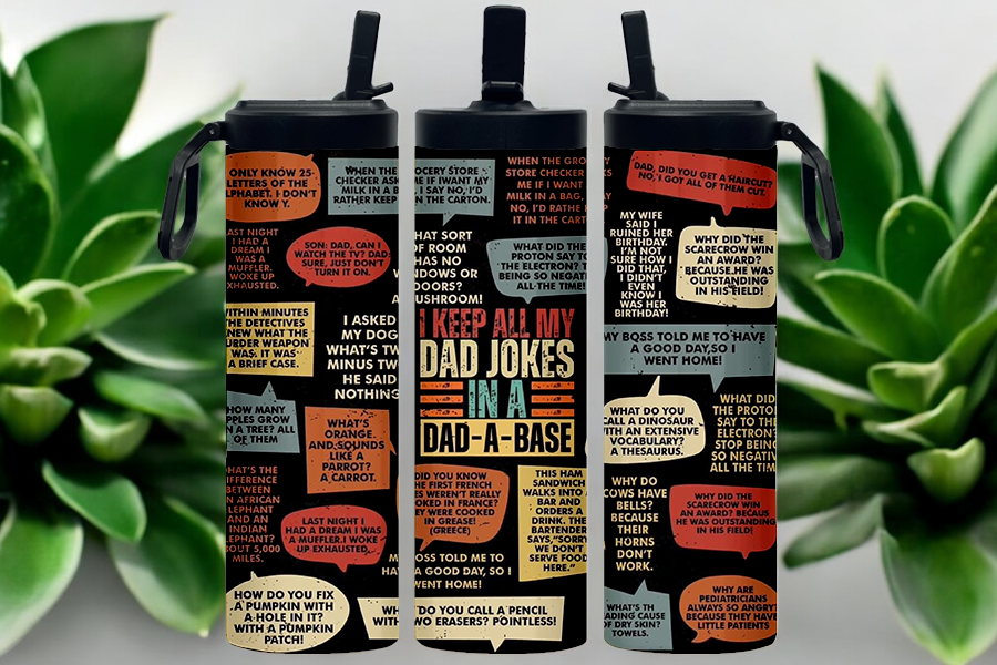 "Dad Jokes" 20 oz printed tumbler featuring double-wall vacuum insulation, stainless steel straw, flat edge design, and choice of sports cap or clear sliding lid.