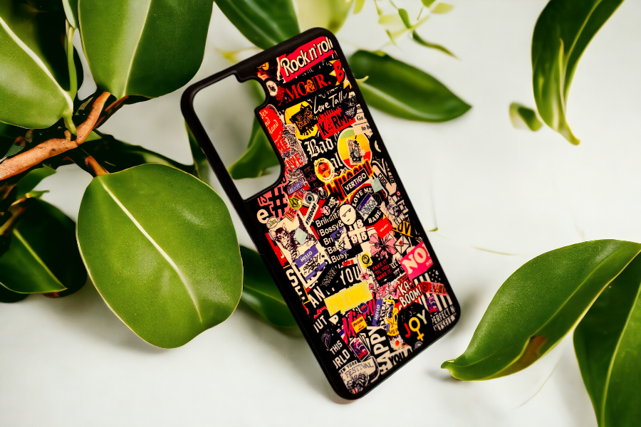 Vintage-Looking Stickers and Retro Band Stickers Pattern Printed Phone Case featuring a colourful and nostalgic design for music lovers.