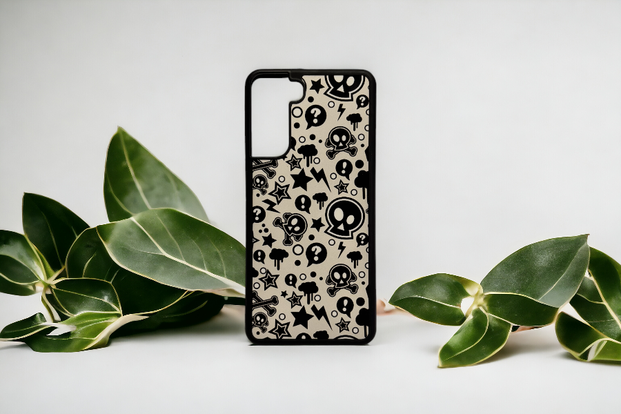 Skull and Cross Bones with Shapes, '!' and '?' Pattern Printed Phone Case featuring a bold and edgy design for a unique style.