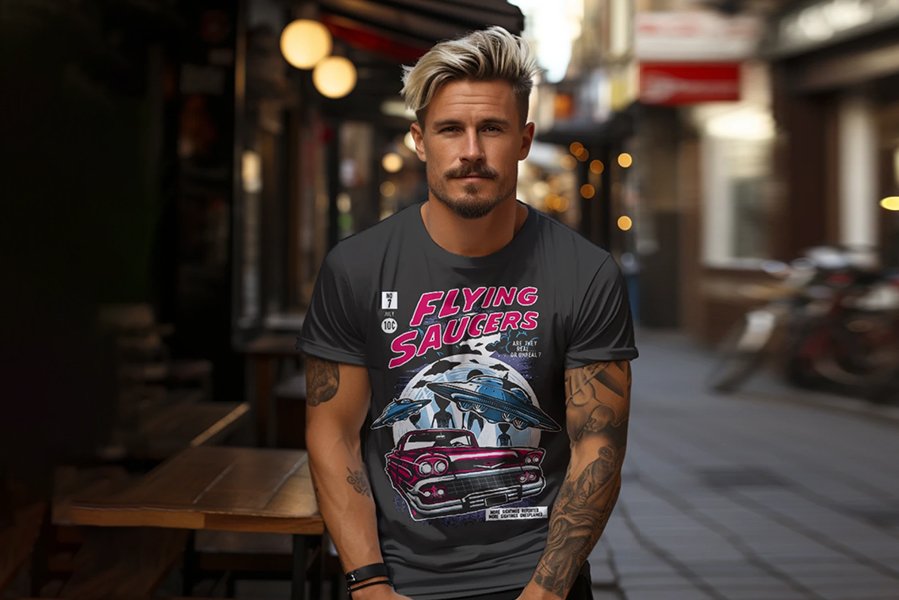 Flying Saucers Car - UFO - Comic Printed T-Shirt featuring a colorful graphic of a car being abducted by a UFO.