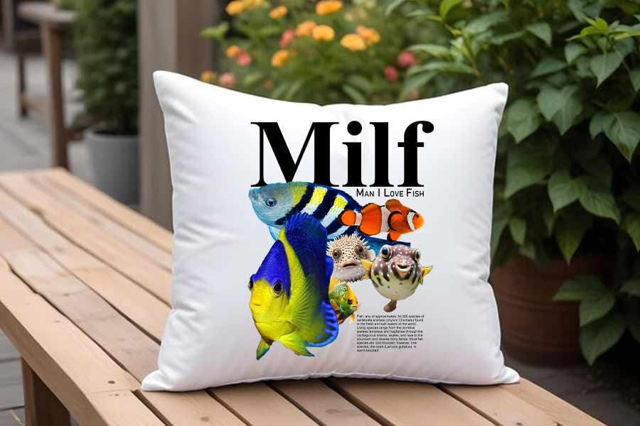 "Man I Love Fish" MILF Parody Cushion featuring a humorous and playful design, perfect for adding quirky fun to any home décor.