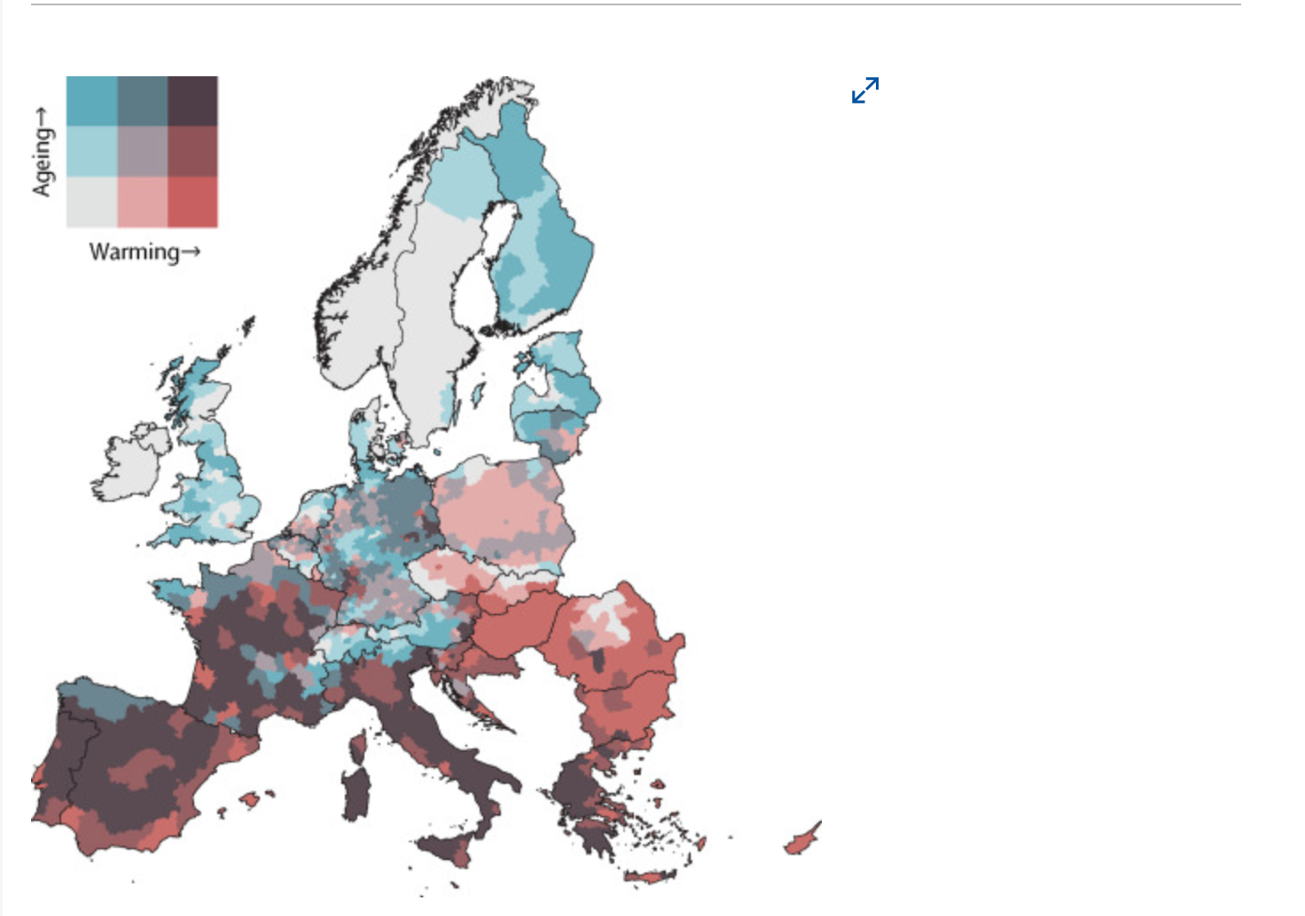 Temperature-related mortality burden and projected change in 1368 European regions.