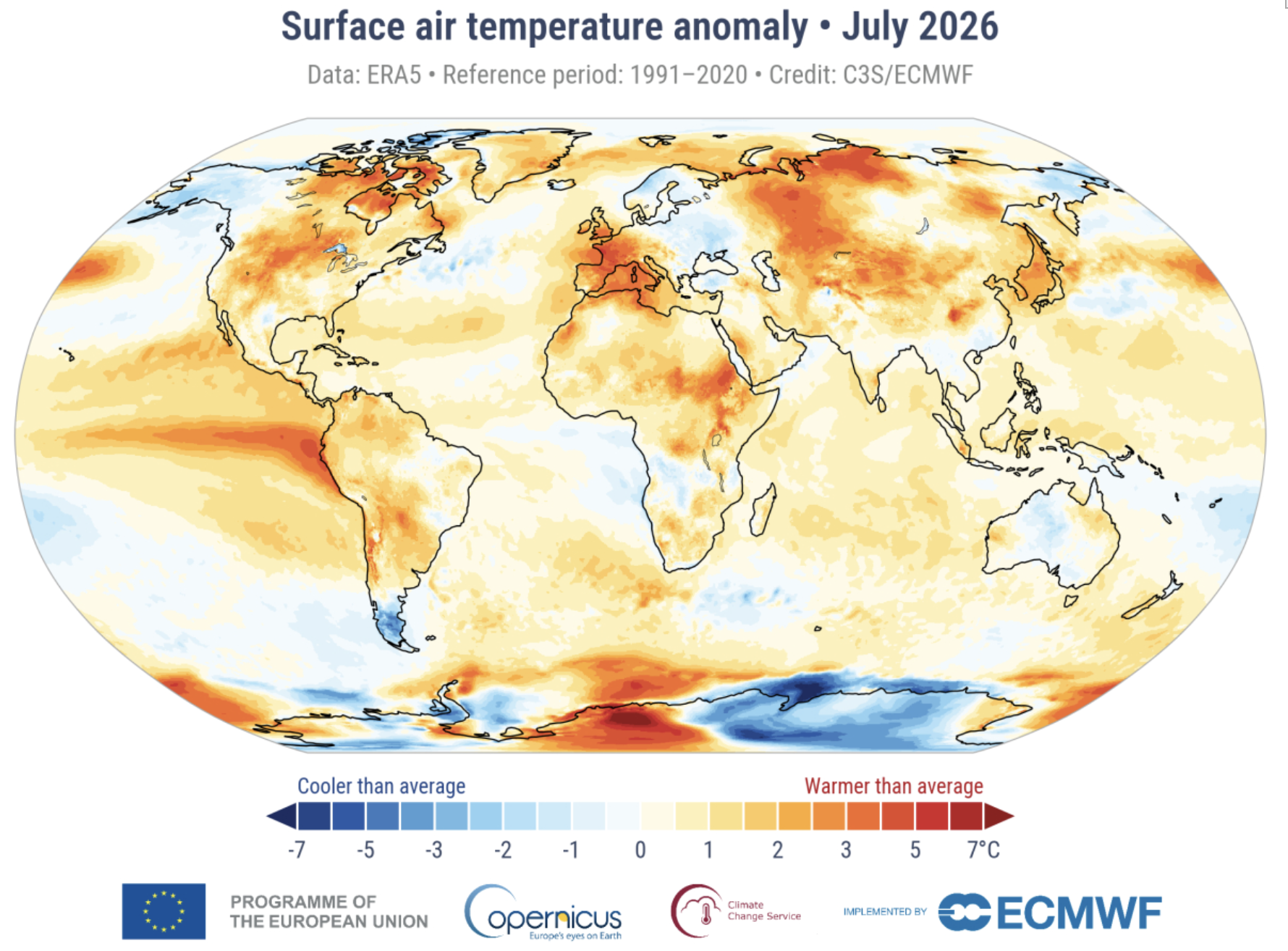 Surface air temperature for July 2026