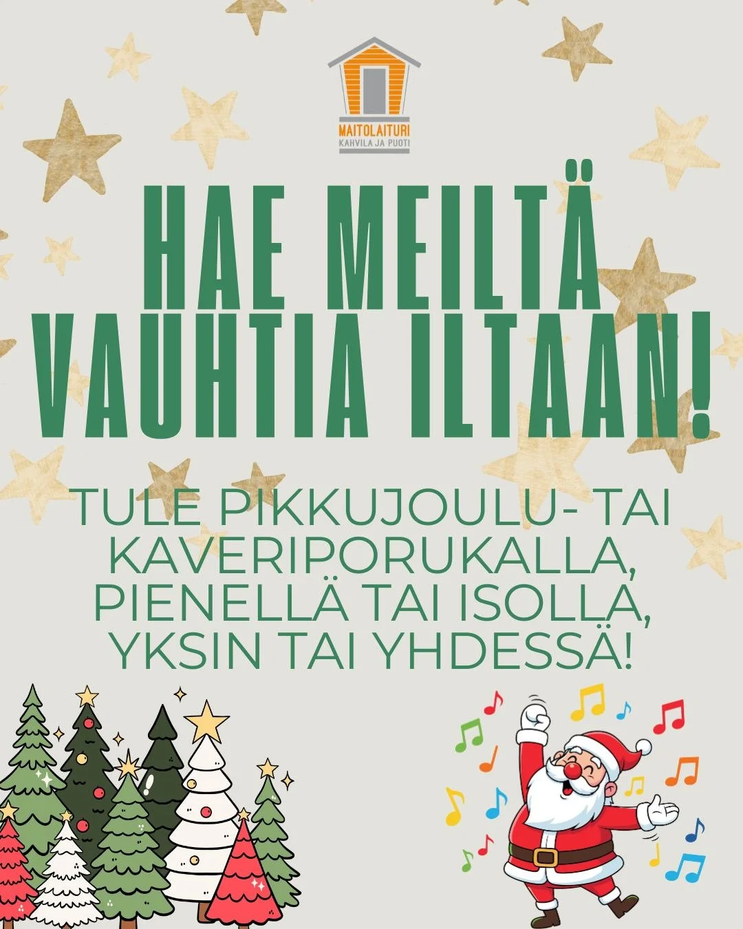 Olisiko koossa pieni pikkujouluporukka ja tanssijalkakin vipattaisi tai tekisi mieli tulkita joulun sulosointuja?

Laittakaahan kalenteriin, ett&auml; kyl&auml;ll&auml; voisi aloittaa illan meid&auml;n karaokesta ja pikkujoulubuffetista, jolloin kokk