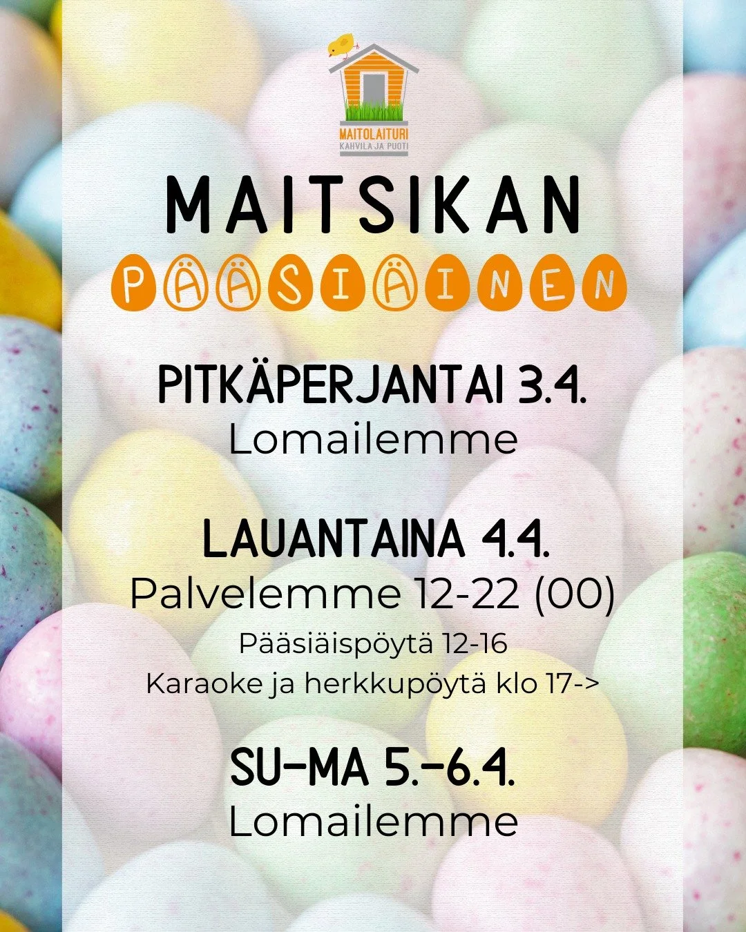 Ensi viikolla onkin jo p&auml;&auml;si&auml;isviikko 🌞🐥

Lomaillaan pitk&auml;perjantaina sek&auml; 1. ja 2. p&auml;&auml;si&auml;isp&auml;iv&auml;n&auml; ja lauantaina Maitolaiturin p&auml;&auml;si&auml;isp&ouml;yt&auml; ja karaoke ja avoinna olla