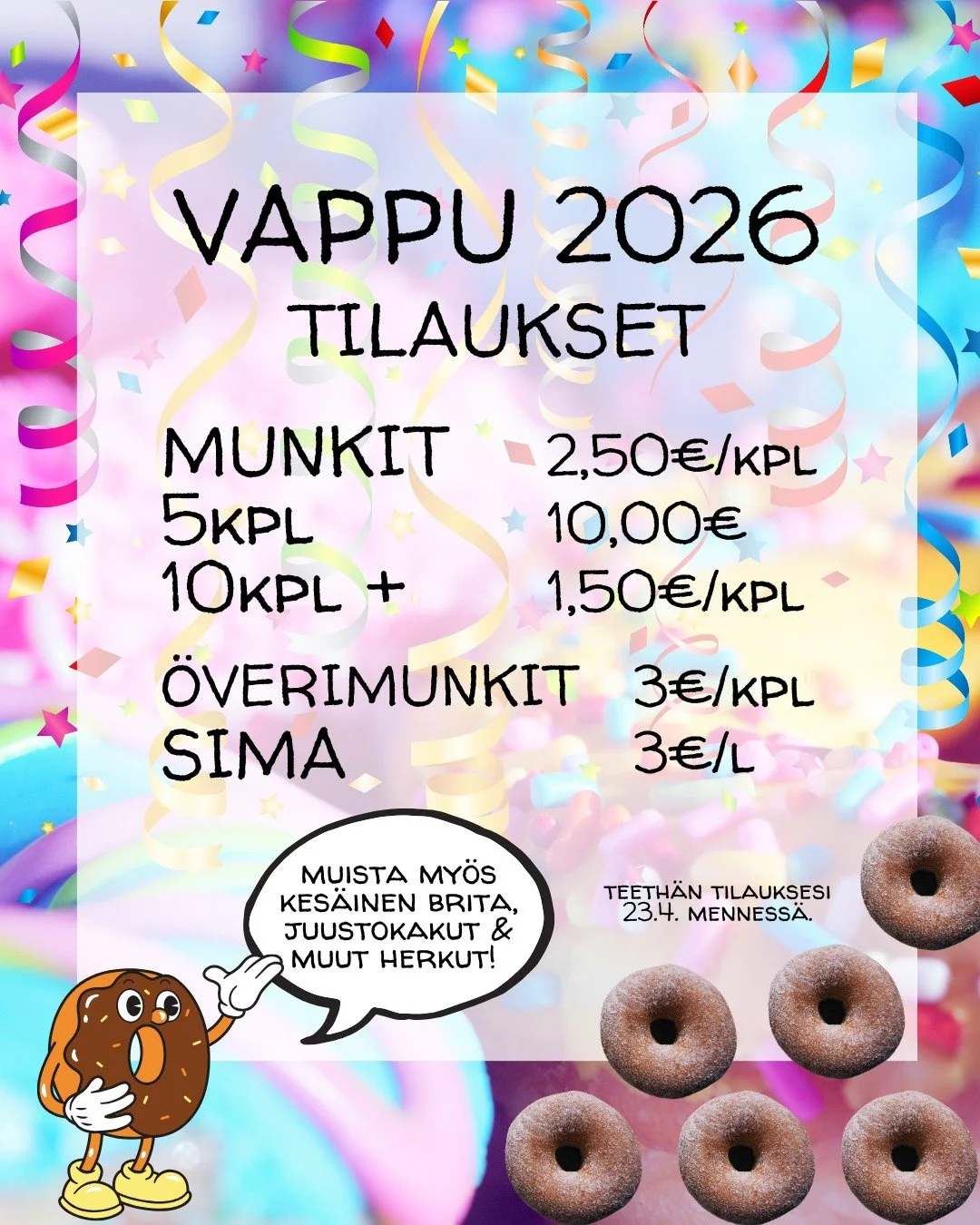 Vappu l&auml;hestyy ja meilt&auml; on mahdollista tilata munkkeja sek&auml; itse tehty&auml; simaa! ✨

Teethan tilauksesi viim. 23.4. menness&auml; 💛🥳

#maitolaiturikahvilapuoti #vappu2026