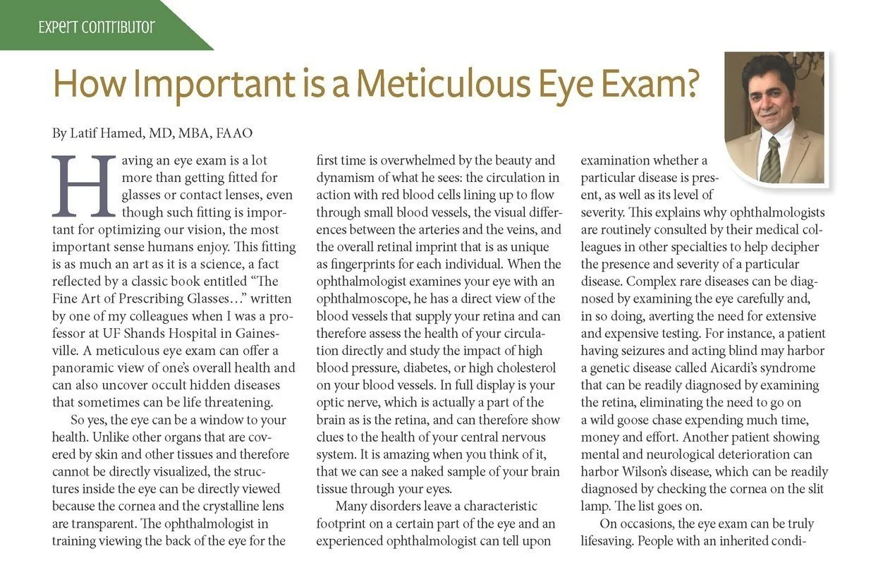 Article titled "How Important is a Meticulous Eye Exam?" by Latif Hamed, MD, MBA, FAAO, with a portrait of the author in the top right corner.