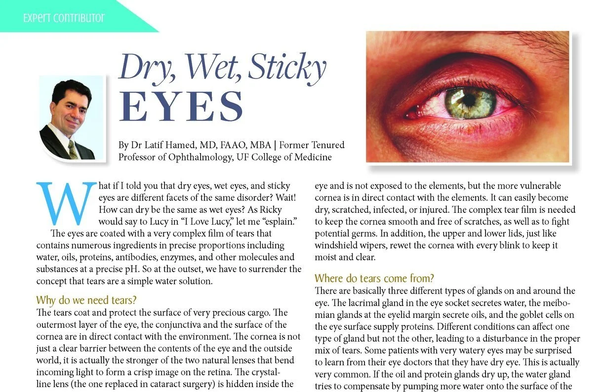 A medical article about dry, wet, and sticky eyes, featuring a photo of an eye with a red and irritated appearance.