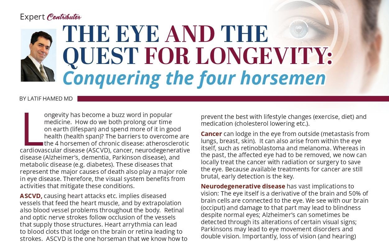 Page from a medical article titled "The Eye and the Quest for Longevity: Conquering the Four Horsemen" with a photo of Dr. Latif Hamed, and an eye illustration in the background.