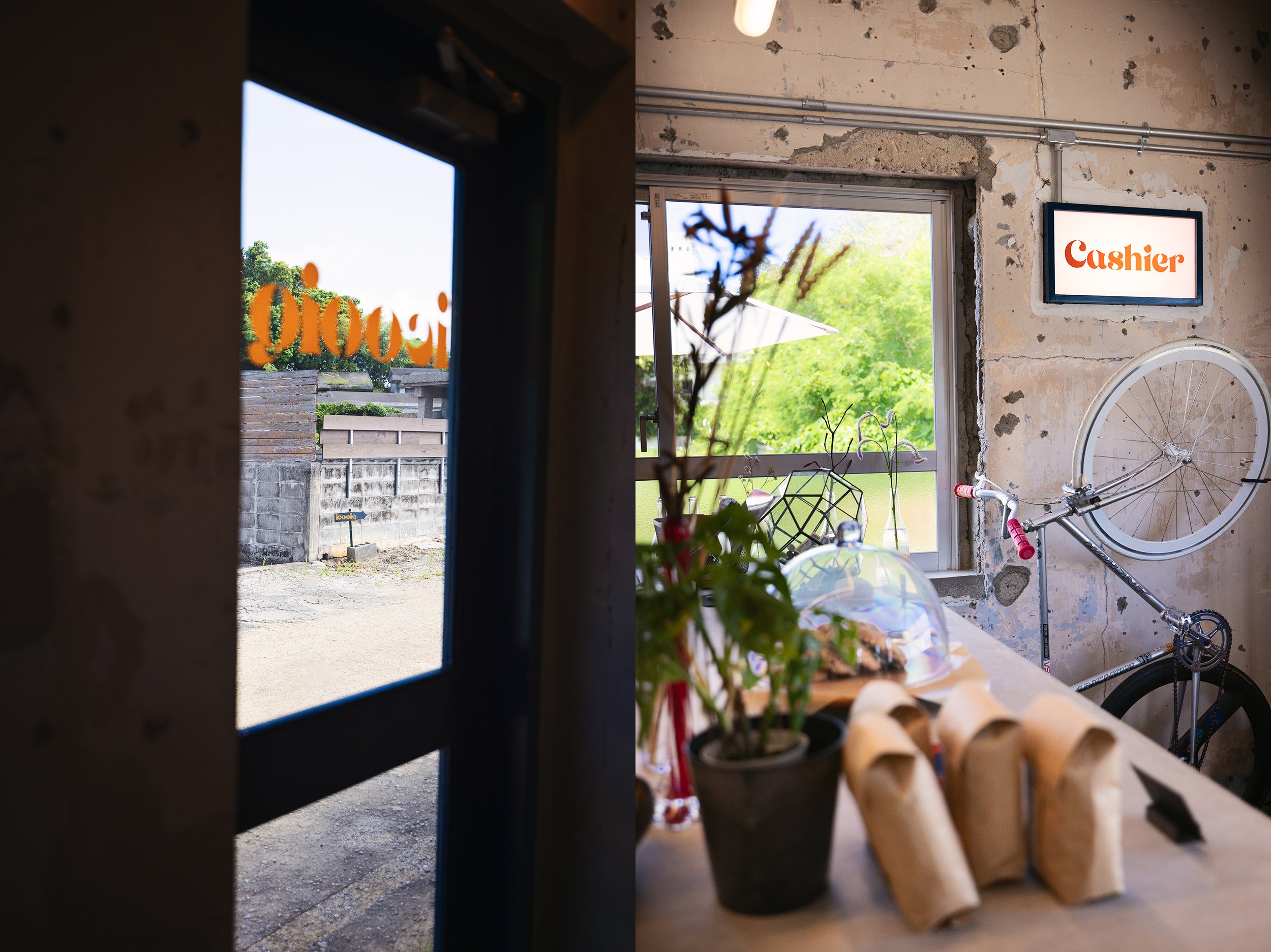 two images showing the interior of iconiq coffee in kadena okinawa