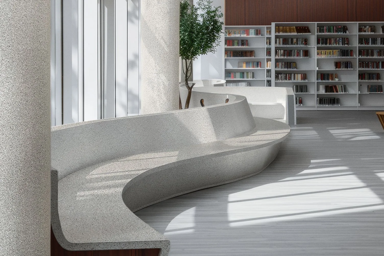 Modern interior room with curved white stone bench, large window, bookshelf filled with books, potted plant, and wood-paneled wall.