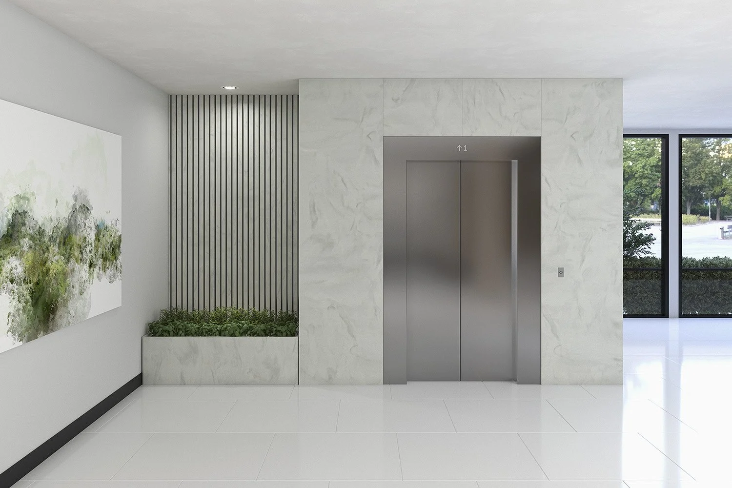 Modern building interior with an elevator and large window showing outdoor trees.