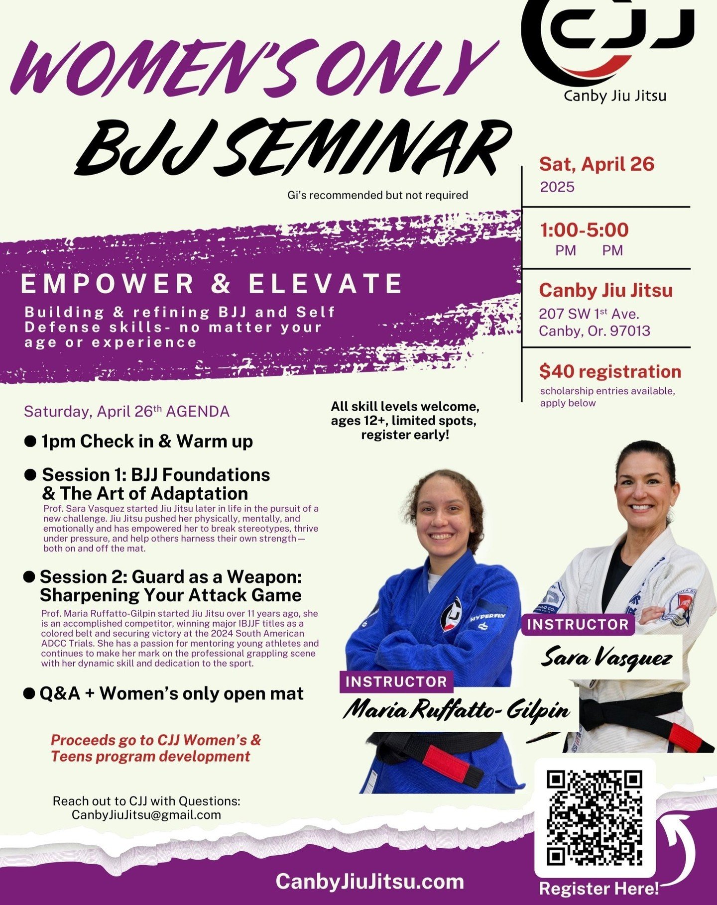 💜 Women&rsquo;s-Only Jiu Jitsu Seminar &ndash; April 26th! 💜

Join us at Canby Jiu Jitsu on Saturday, April 26th from 1&ndash;5PM for a powerful afternoon of training, connection, and growth led by Maria Ruffatto-Gilpin (our very own black belt &am