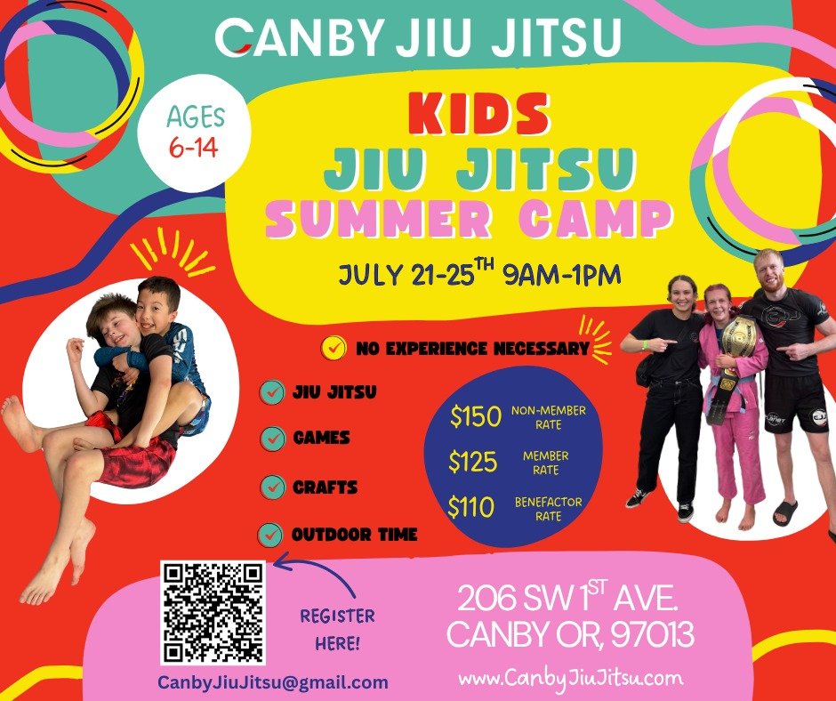 ☀️ Canby Jiu Jitsu Summer Camp is Open to the Public! 🥋

Looking for a fun, active, and confidence-building summer experience for your child? Canby Jiu Jitsu&rsquo;s Summer Camp is now open to non-members, and spots are going fast!

📅 Camp Dates: J