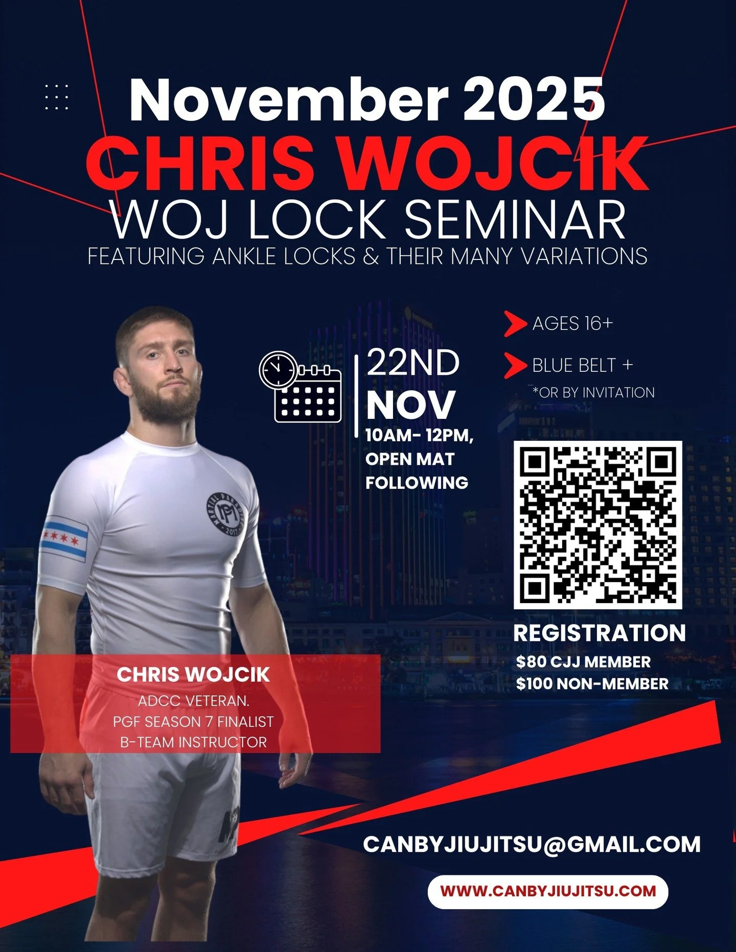 🧩 Chris Wojcik Seminar &mdash; Nov 22 @ CJJ
Finishing strategies, crisp details, high reps. Come level up with one of the sharpest minds in the game!

🗓️ Sat, Nov 22
⏰ 10:00 AM start (on time so come early!)
📍 Canby Jiu Jitsu
🎟️ Spots are limited