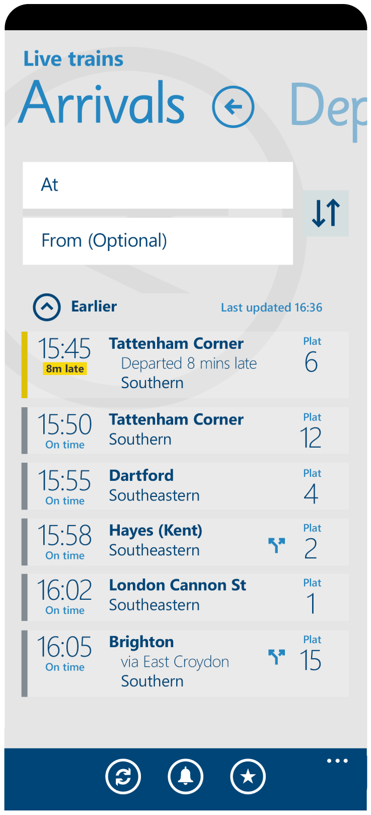 Phone showing arriving trains