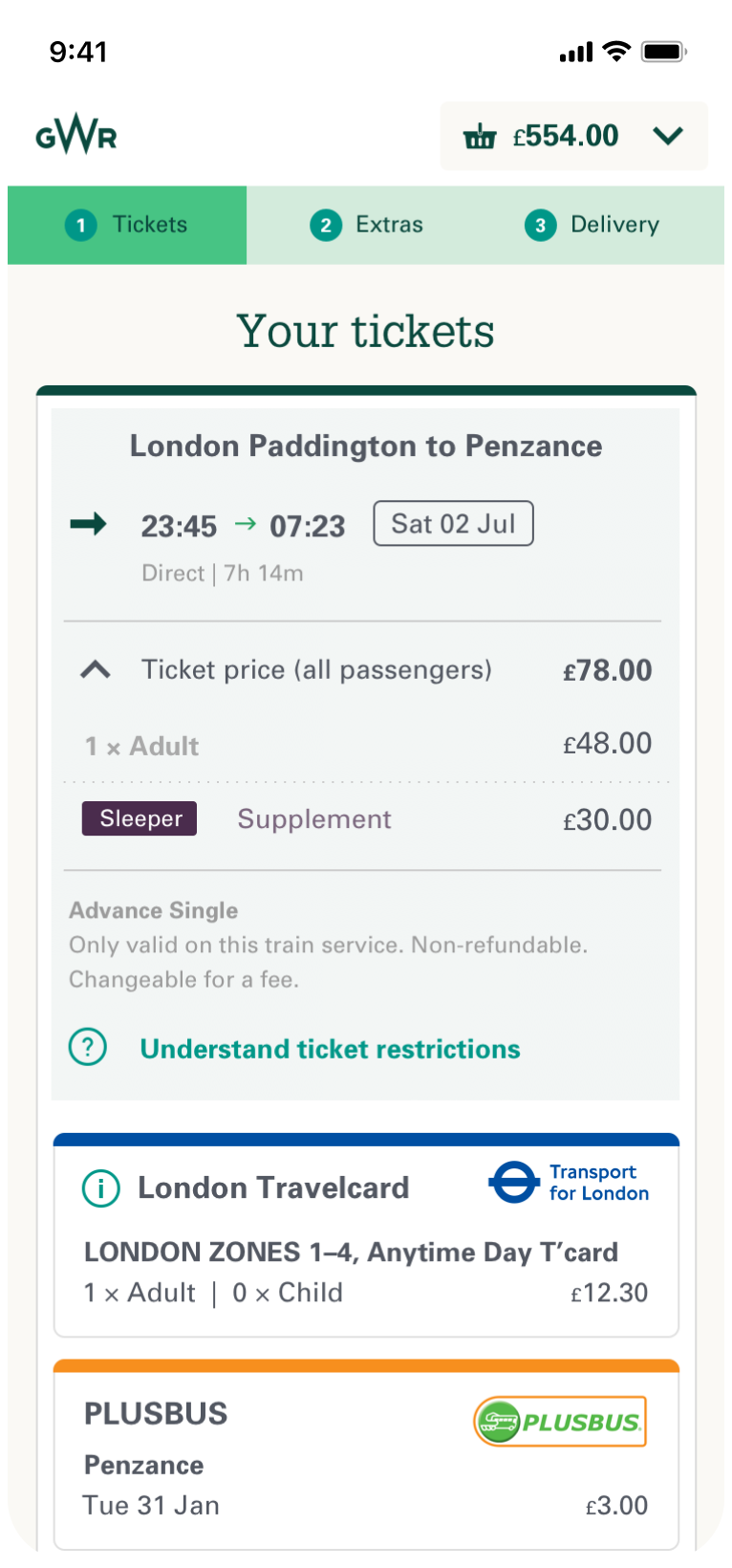 Phone screen of train ticket options