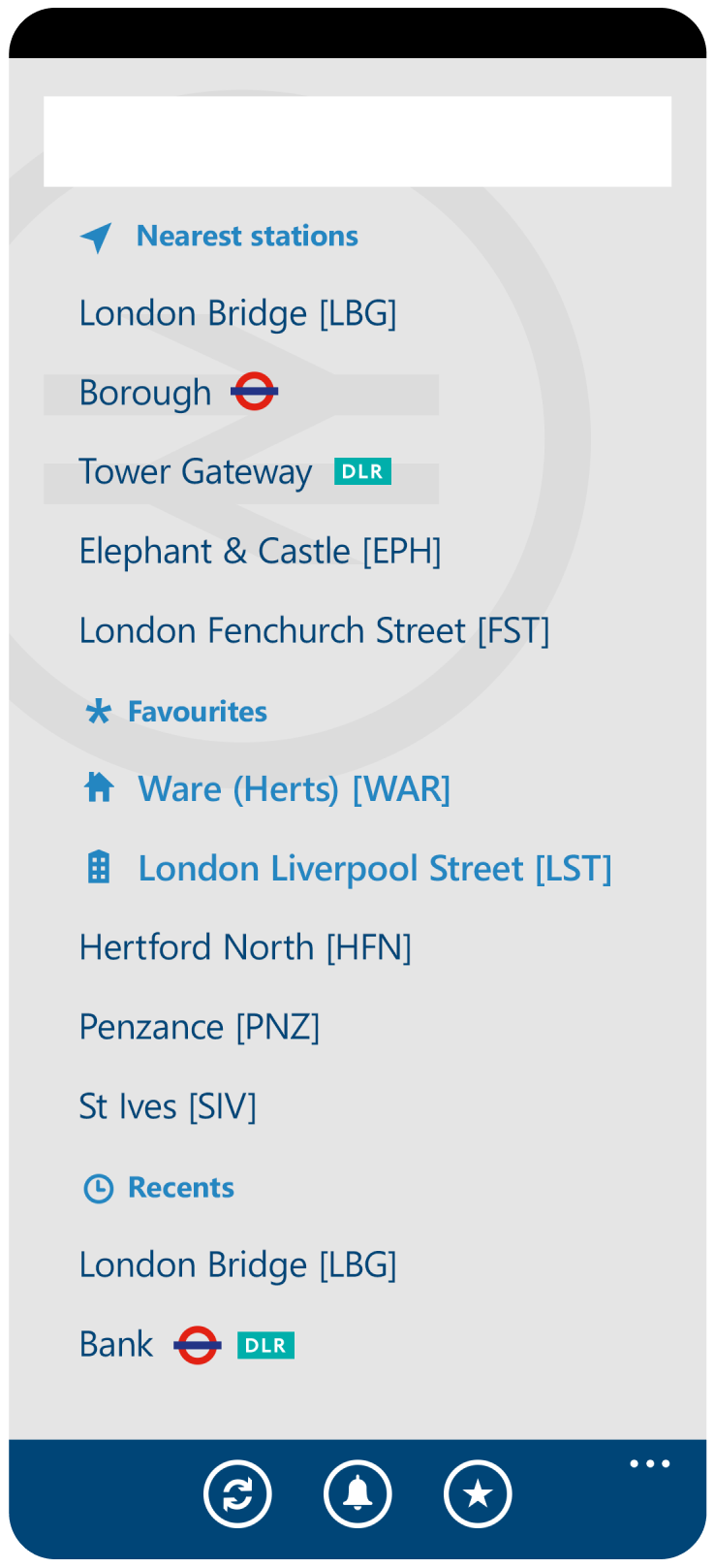Phone screen of train station names
