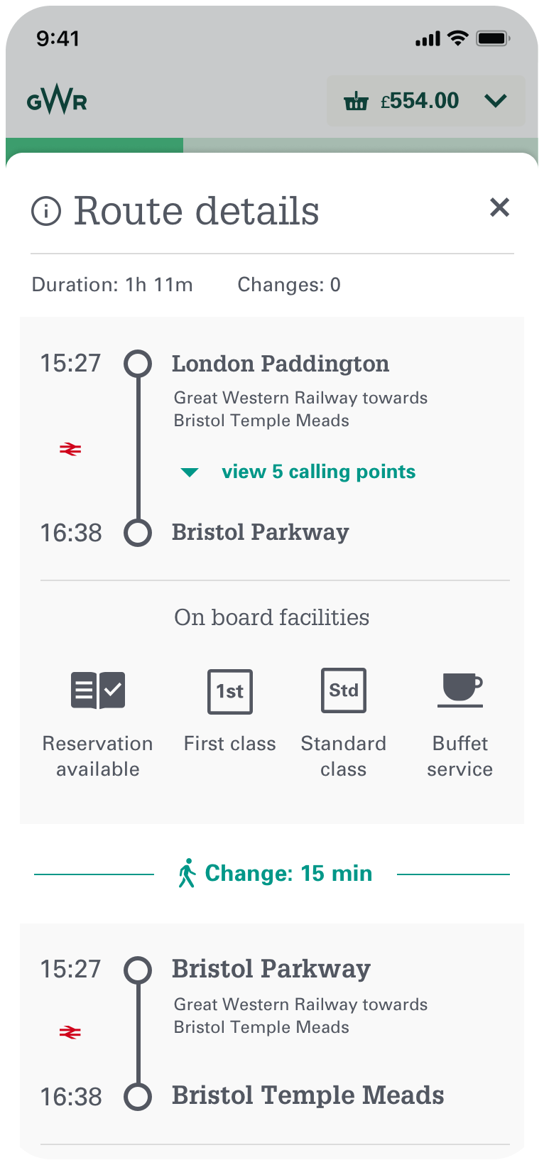 Phone screen showing journey details
