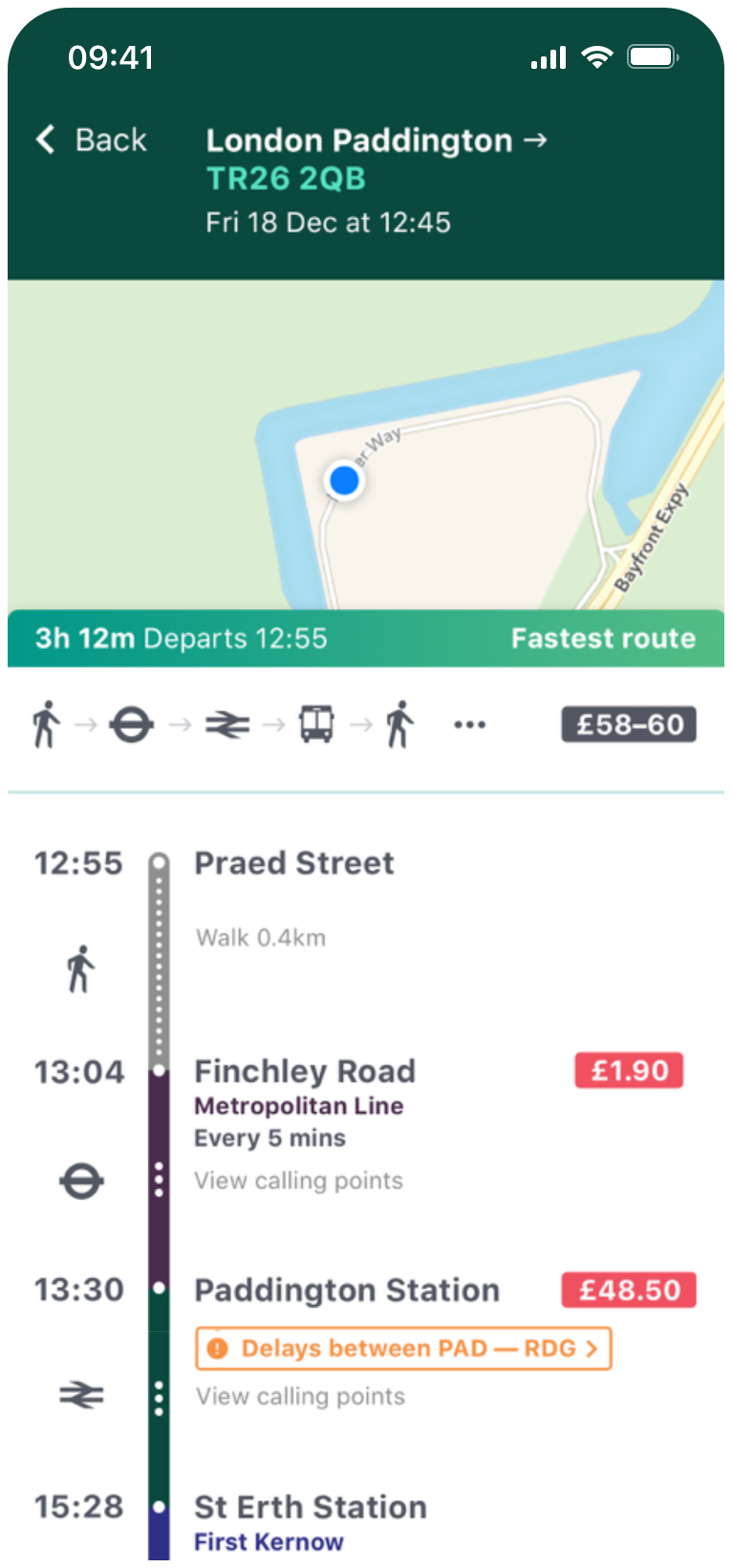 Phone screen of route map