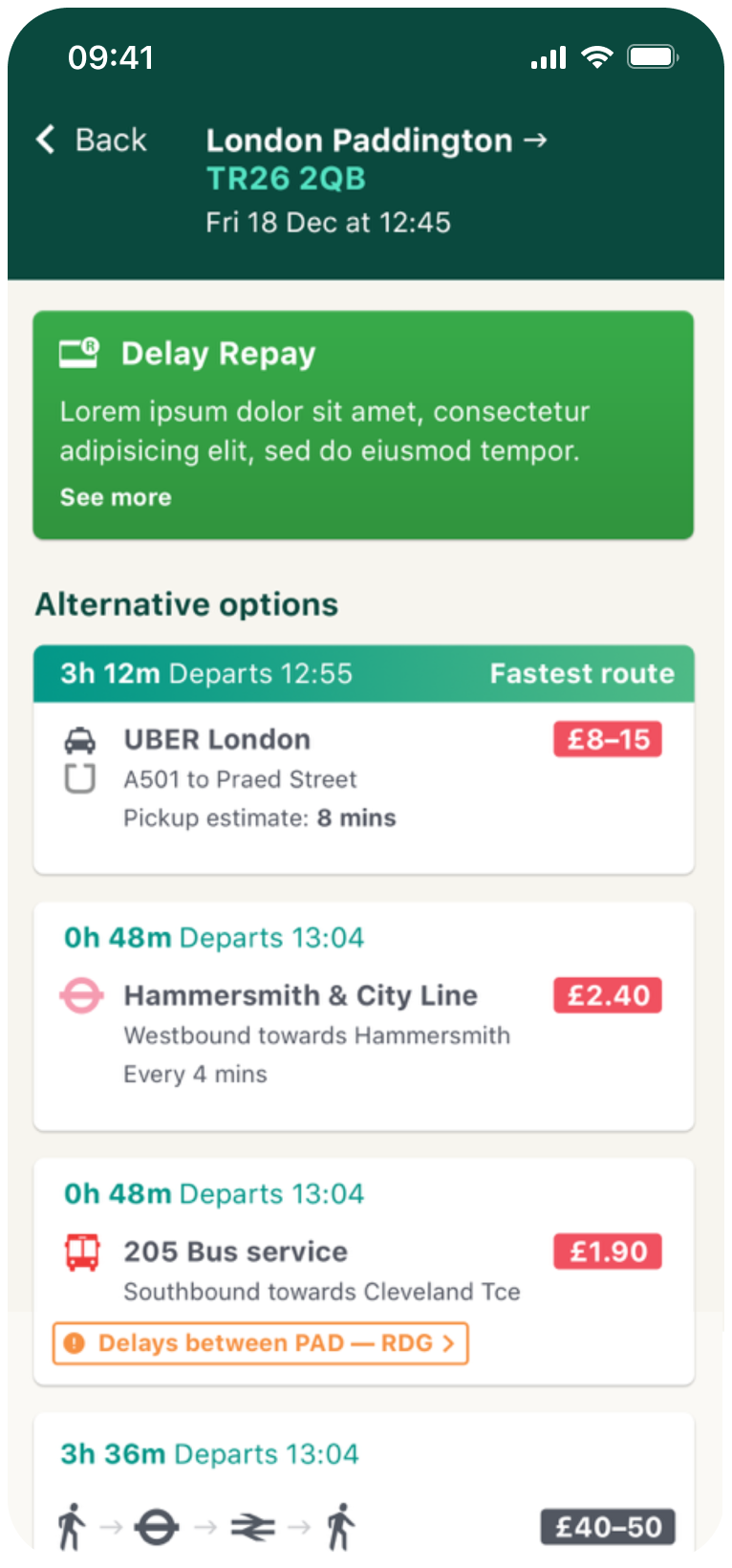 Phone screen of train travel options