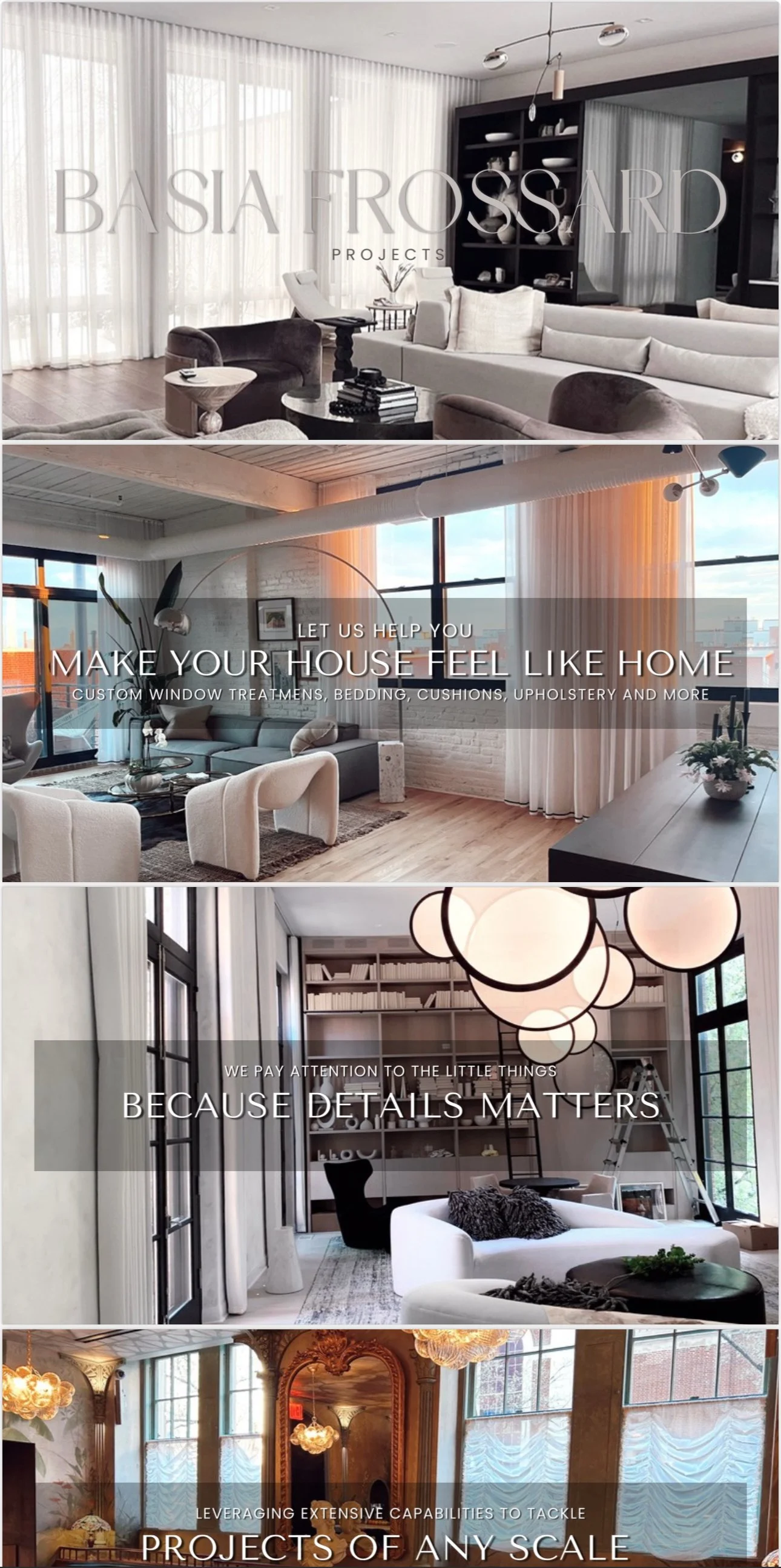 Collage of four interior spaces showcasing modern living rooms and design services. The first shows a bright, minimalist living room with white curtains and neutral furniture. The second features a cozy, contemporary lounge with large windows and ele