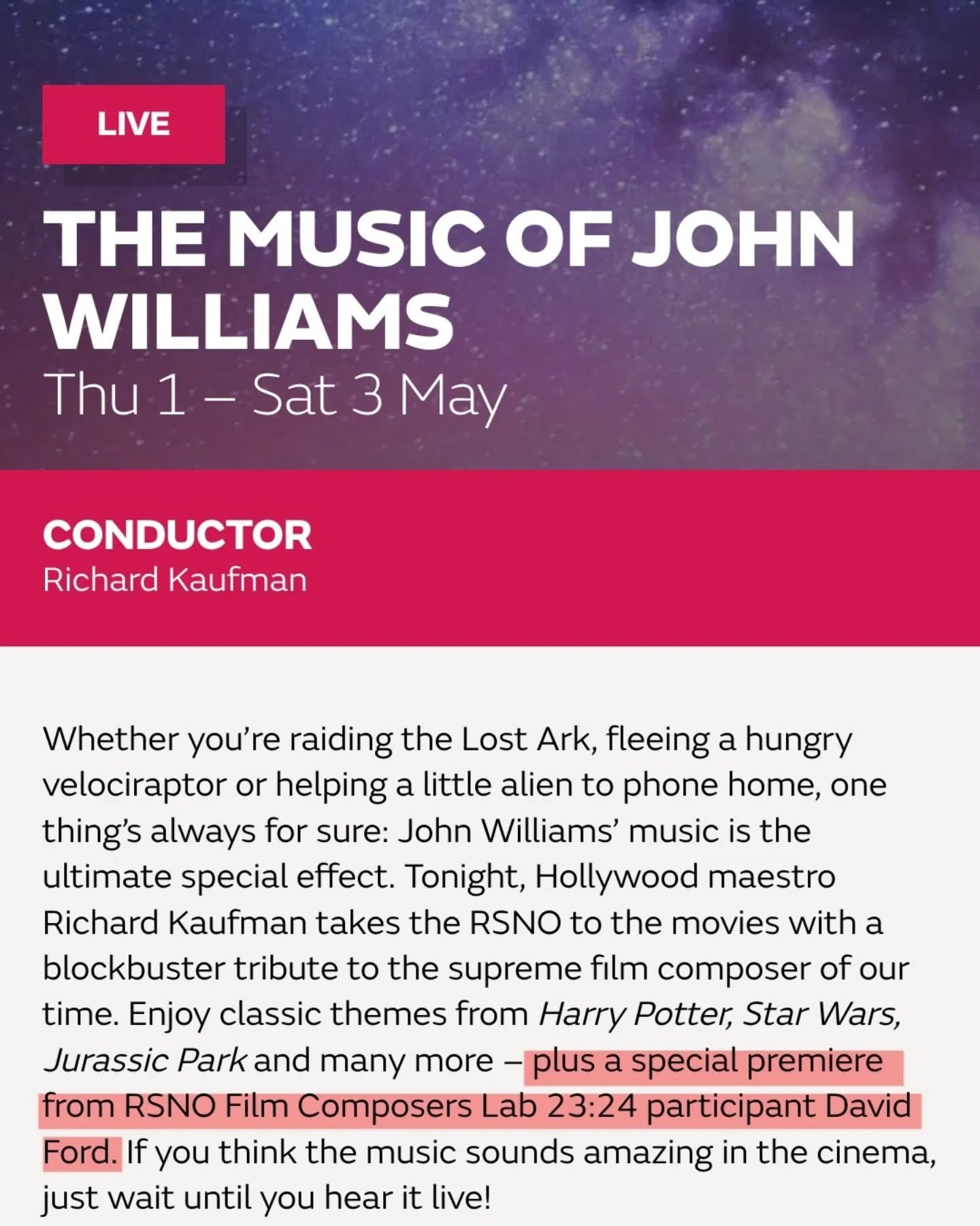📣 I’m thrilled to officially announce my re-score of the film Crow Moon (written and directed by @blobina ) will be performed live by @rsnoofficial in their Music of John Williams Concerts! Performances in Dundee Caird Hall, Edinburgh Usher Ha