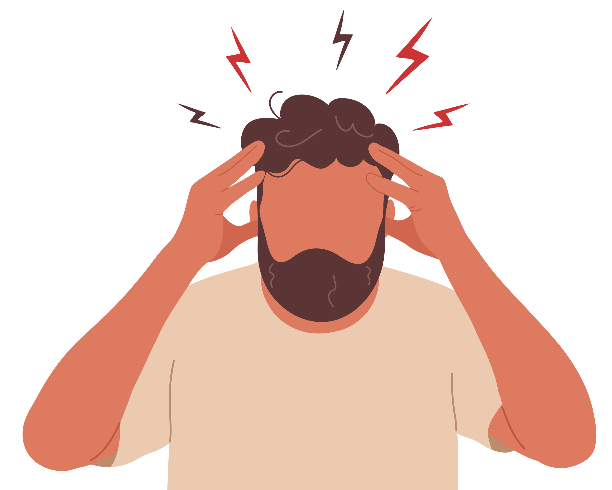 Man met burn-out klachten houdt hoofd in handen van stress en vermoeidheid