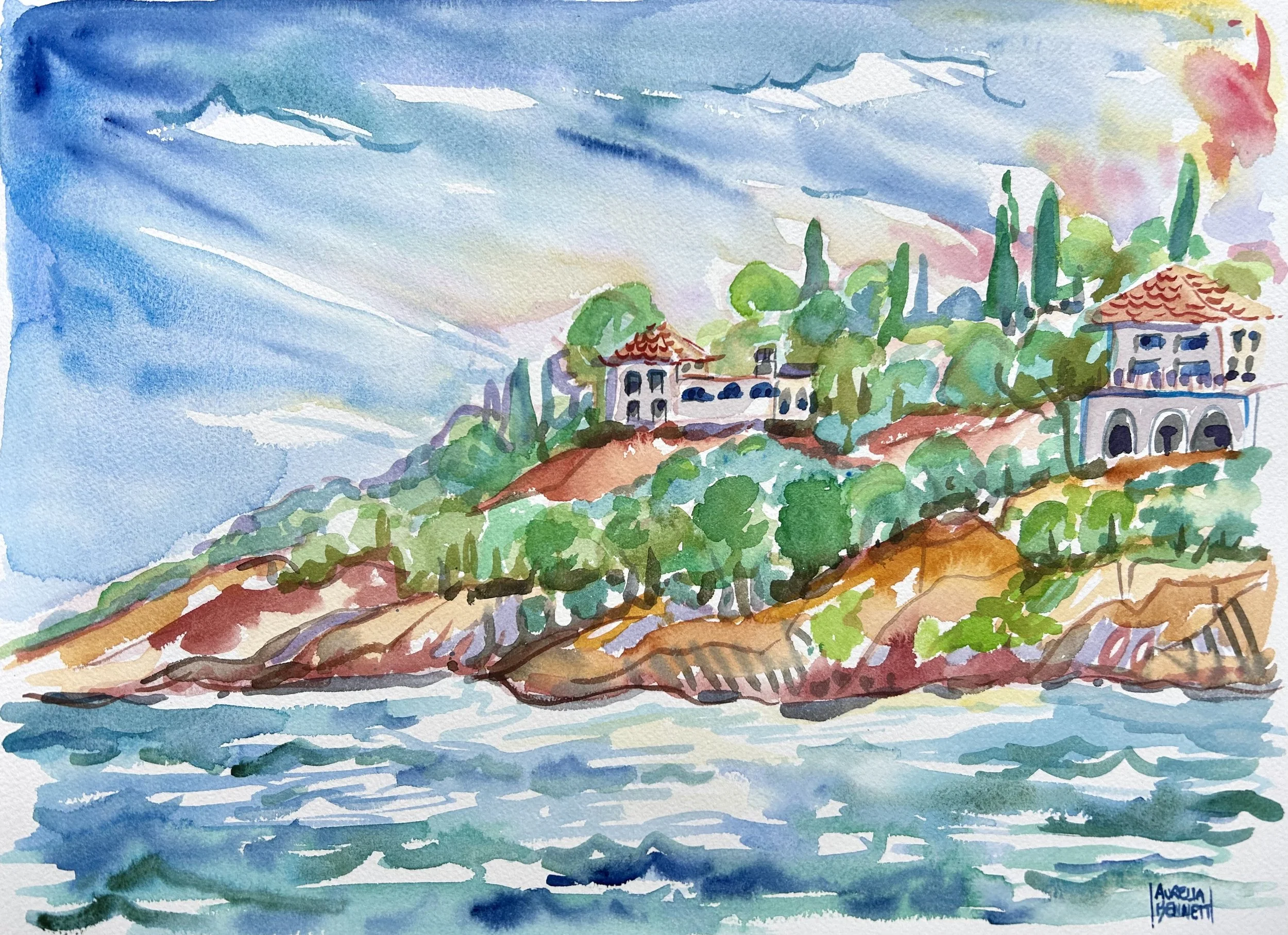Southern beach of Spetses island, Greece, (21 x 30cm)