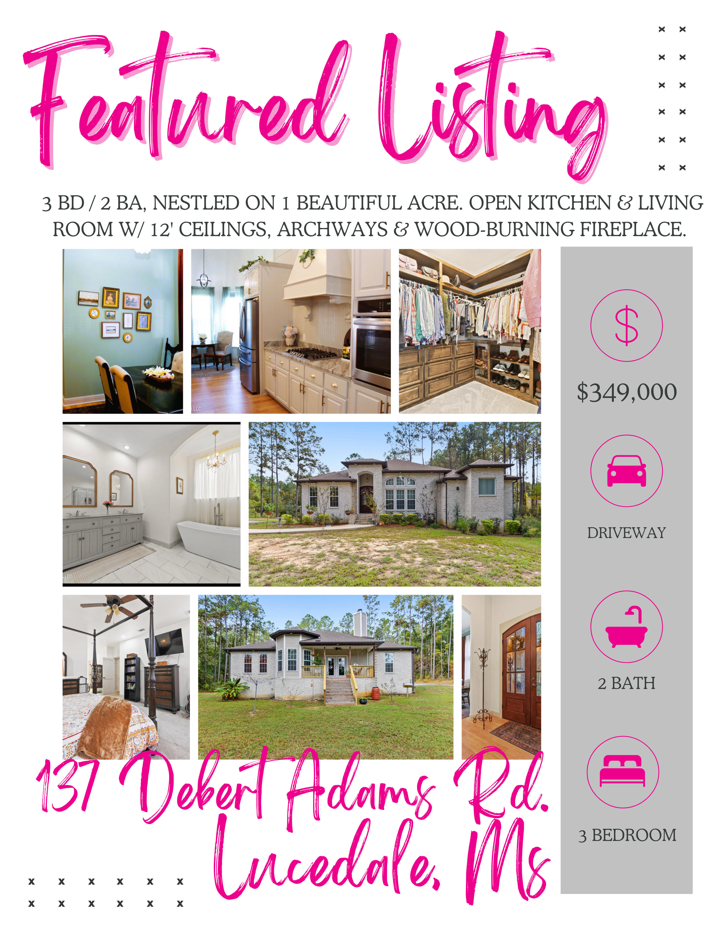 Real estate listing for a property at 137 Dekert Adams Rd., Lucedale, MS, featuring large images of the interior and exterior of the house, including kitchen, bathrooms, bedrooms, and yard, with icons indicating price, drive way, number of bathrooms, and bedrooms.