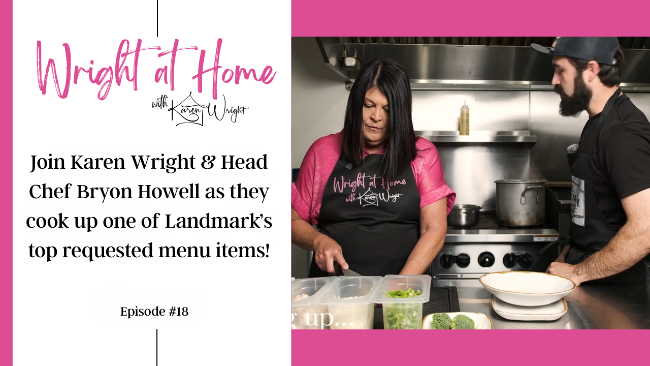 karen wright cooks on a podcast in the kitchen of Landmark with their chef and they cook a cajun creamy crawfish pasta which is a local staple