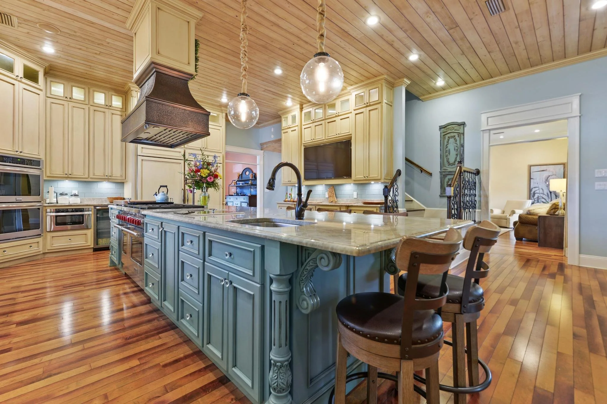 beautiful large brick craftsman style home in lucedale mississippi with 3 bedrooms and 3 and a half bathrooms and a bonus room with 5.1 acres and a large outdoor entertainment area with an outdoor kitchen and large brick fireplace
