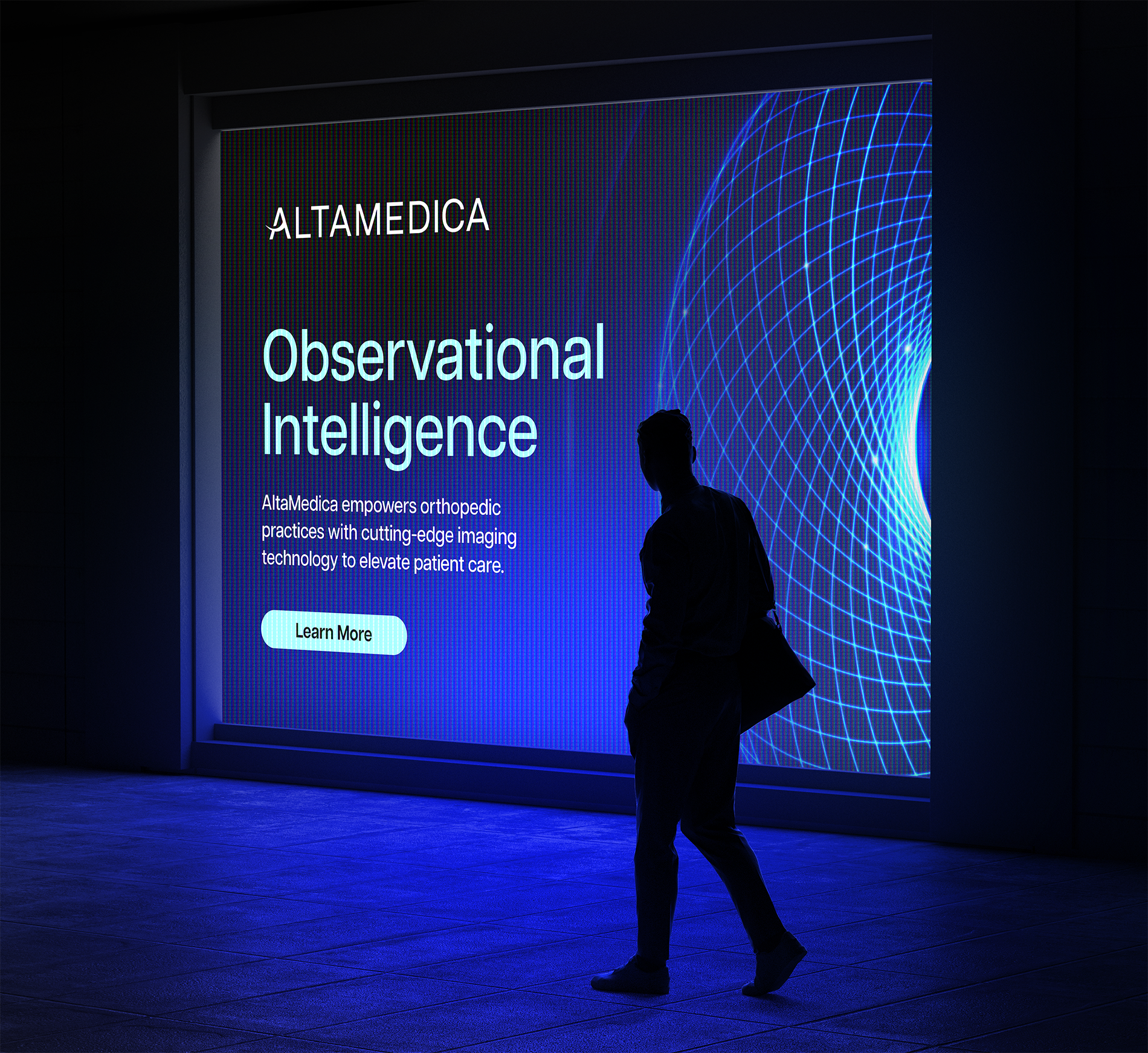 Person walking by bright, modern advertisement for healthcare service.