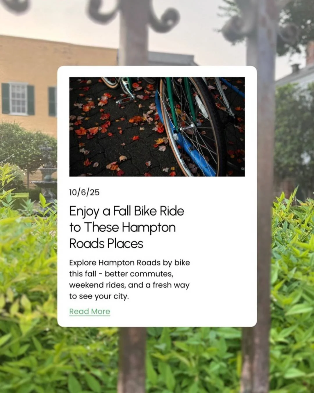 Take your bike out for a spin this fall. 🚲 Explore Hampton Roads by bike and get rewarded!

Here's where you can go 👇🏼

@ertnorfolk
@nansemondbrewingstation
@colonialwmsburg
Great Dismal Swamp Canal Trail
@newportnewsparks - Newport News Park
@ham