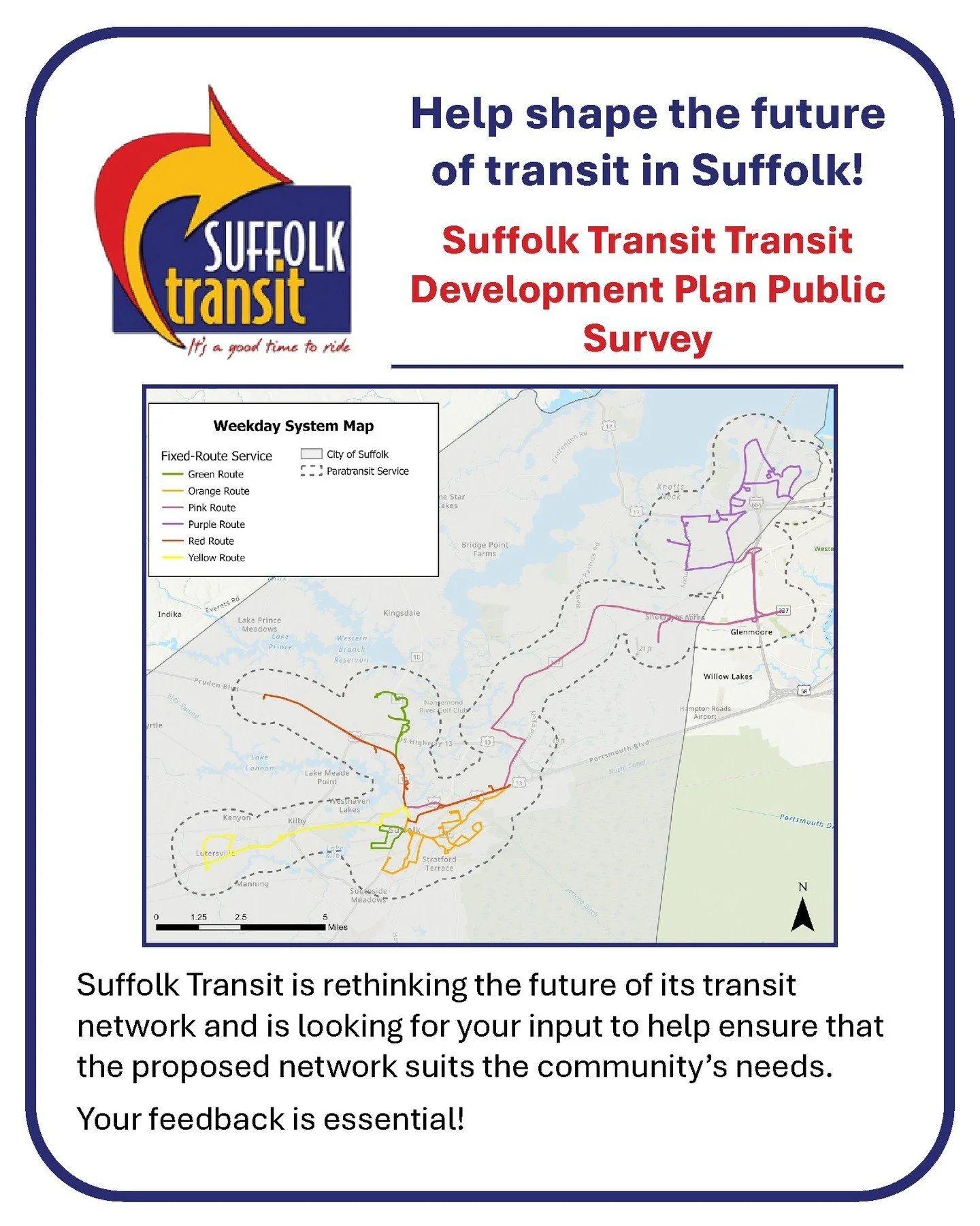 The City of Suffolk needs your input! Whether you currently ride Suffolk Transit or not, your feedback shapes the future of transit in the city. 📝

Give your input today 👉 https://www.suffolkva.us/1883/26054/Transit-Survey
