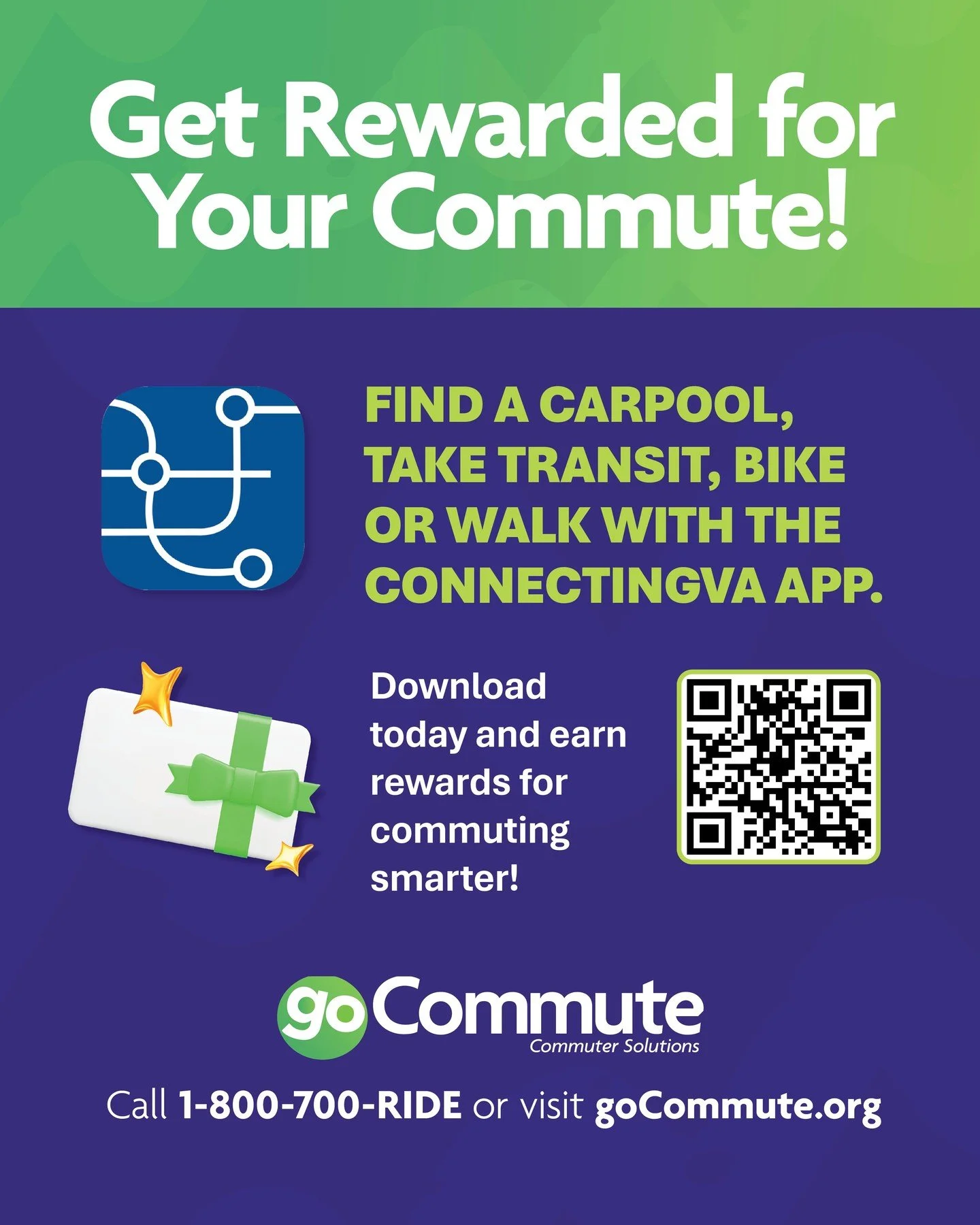 Here's how your commute could earn you gift cards ⤵️

✅ Register for ConnectingVA
✅ Log your carpool, vanpool, transit, bike, walk, or telework trips
✅ Redeem your points towards drawings for gift cards

It's that easy! 🎉

Download the app now for o
